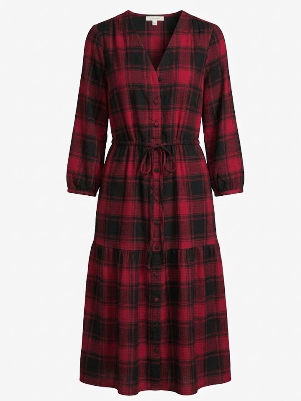 Knox Rose Medium Red Black Plaid Long Sleeve Tiered Shirt Dress Flannel Cozycore